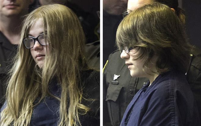 Morgan E. Geyser (left) and Anissa E. Weier, both 12, are charged in the attempted stabbing death of a 12-year-old classmate. A judge on Tuesday halted his order that Geyser undergo a psychiatric examination meant to determine if she could raise an insanity defense. Both girls are due back in court on Aug. 1.